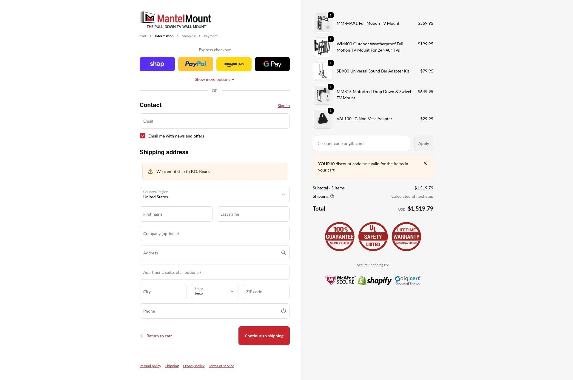 MantelMount checkout page showing MantelMount discount code box | Screenshot taken by SimplyCodes community member on Jan 28, 2026