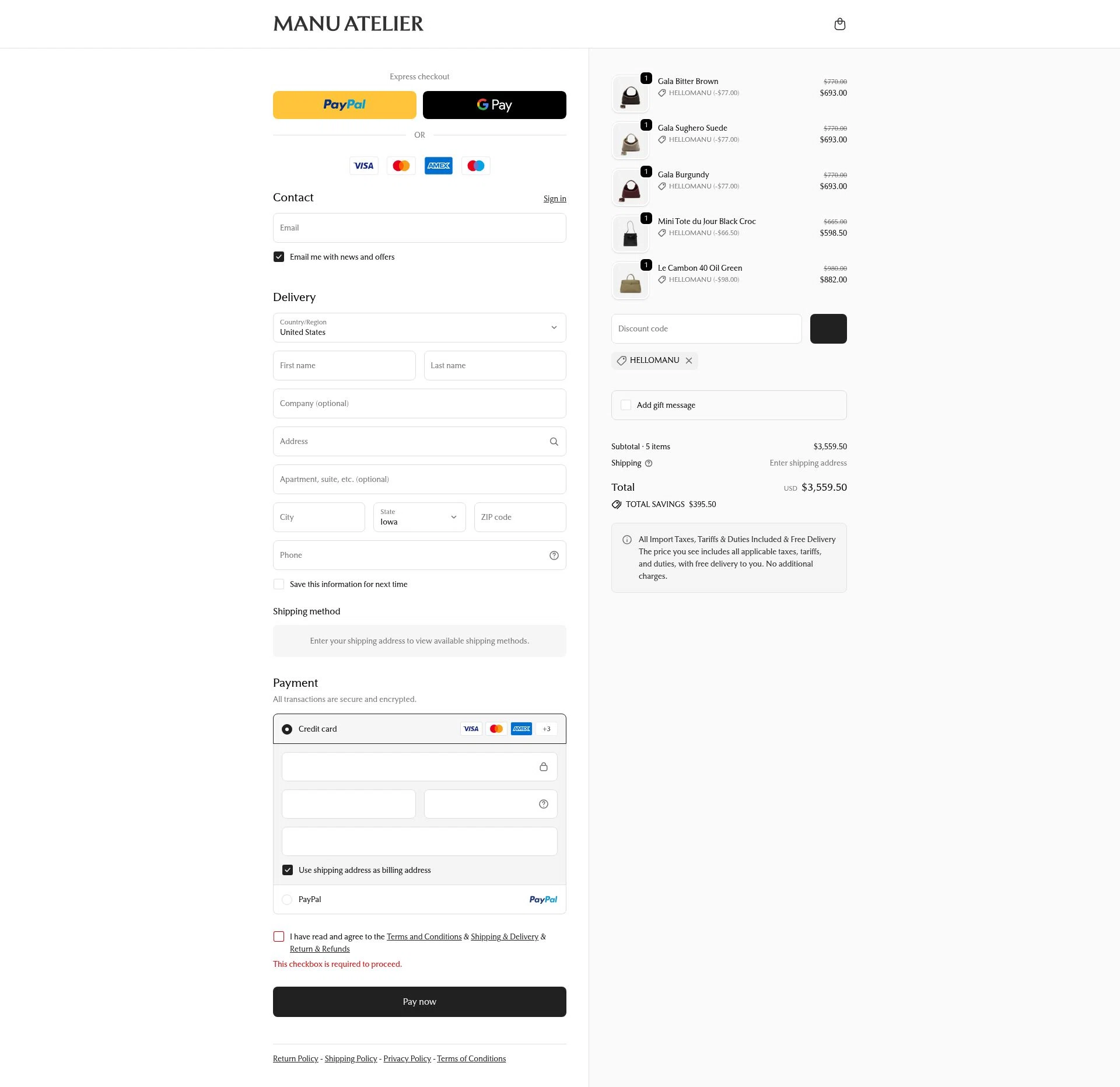Manu Atelier checkout page showing Manu Atelier promo code box | Screenshot taken by SimplyCodes community member on Dec 4, 2025