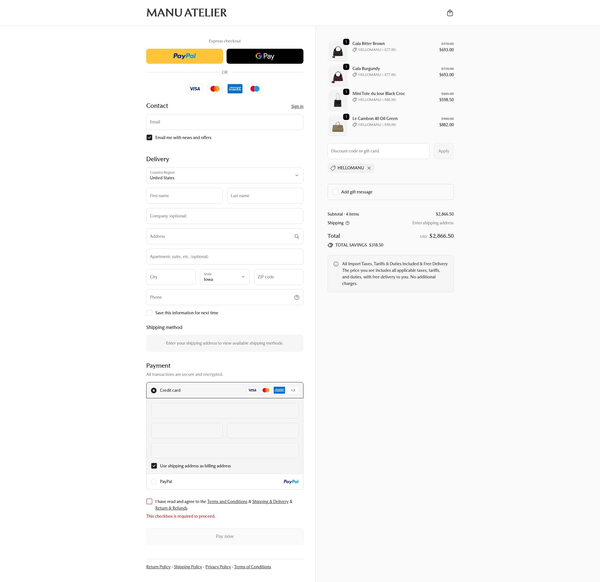 Manu Atelier checkout page showing Manu Atelier promo code box | Screenshot taken by SimplyCodes community member on Dec 10, 2025