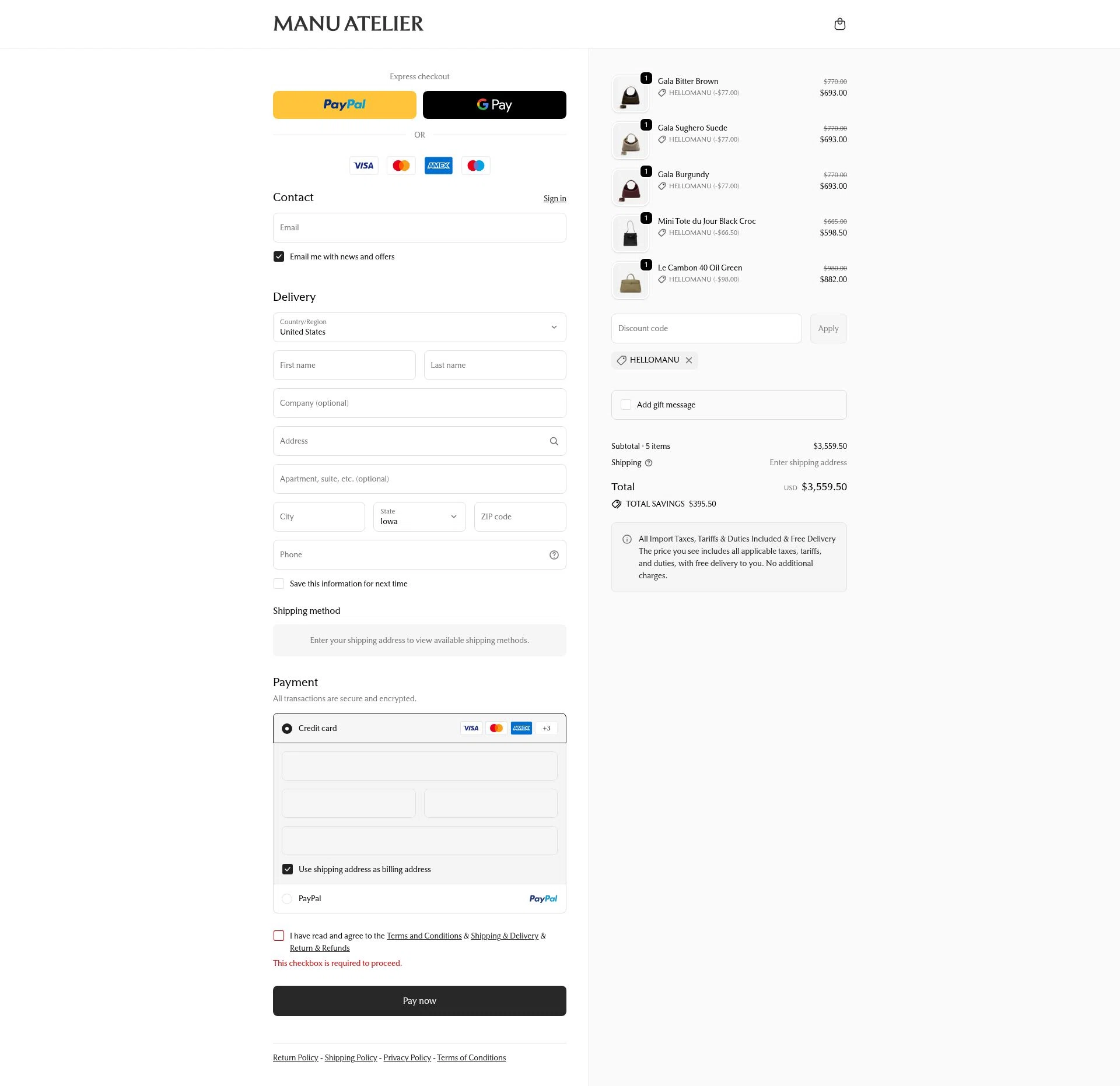 Manu Atelier checkout page showing Manu Atelier promo code box | Screenshot taken by SimplyCodes community member on Nov 24, 2025