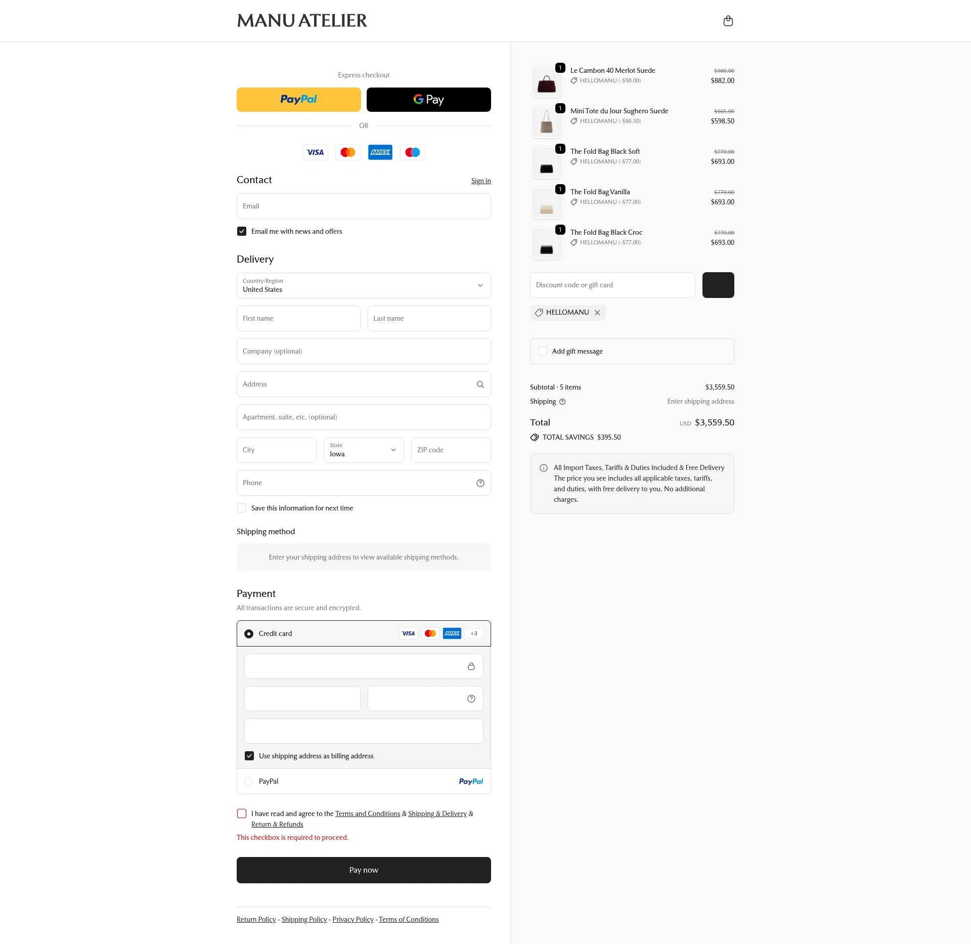 Manu Atelier checkout page showing Manu Atelier promo code box | Screenshot taken by SimplyCodes community member on Jan 1, 2026