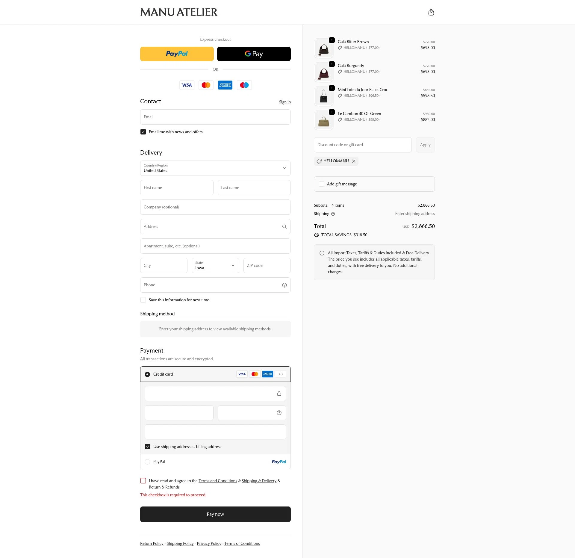 Manu Atelier checkout page showing Manu Atelier promo code box | Screenshot taken by SimplyCodes community member on Dec 15, 2025