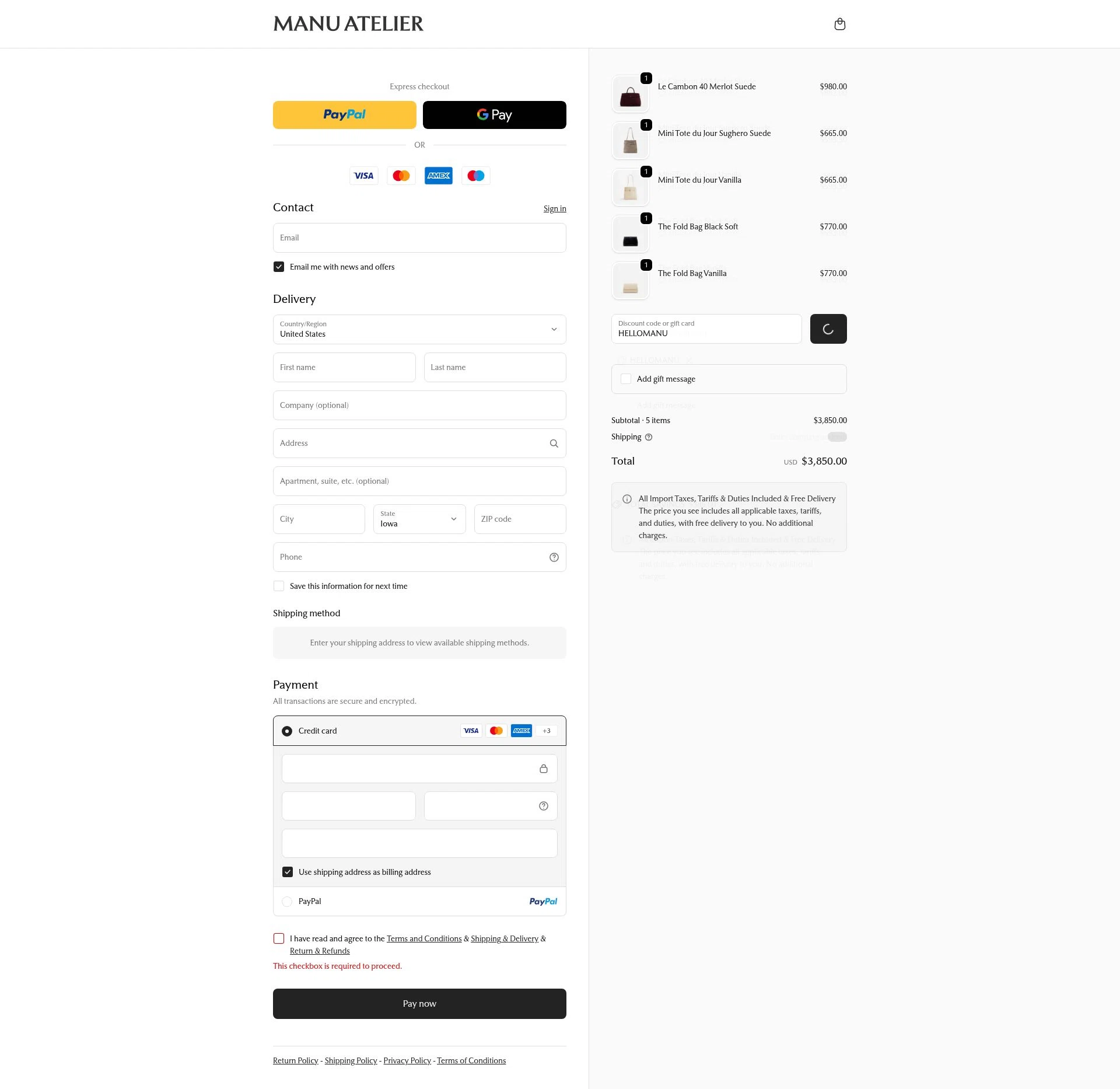 Manu Atelier checkout page showing Manu Atelier promo code box | Screenshot taken by SimplyCodes community member on Dec 27, 2025