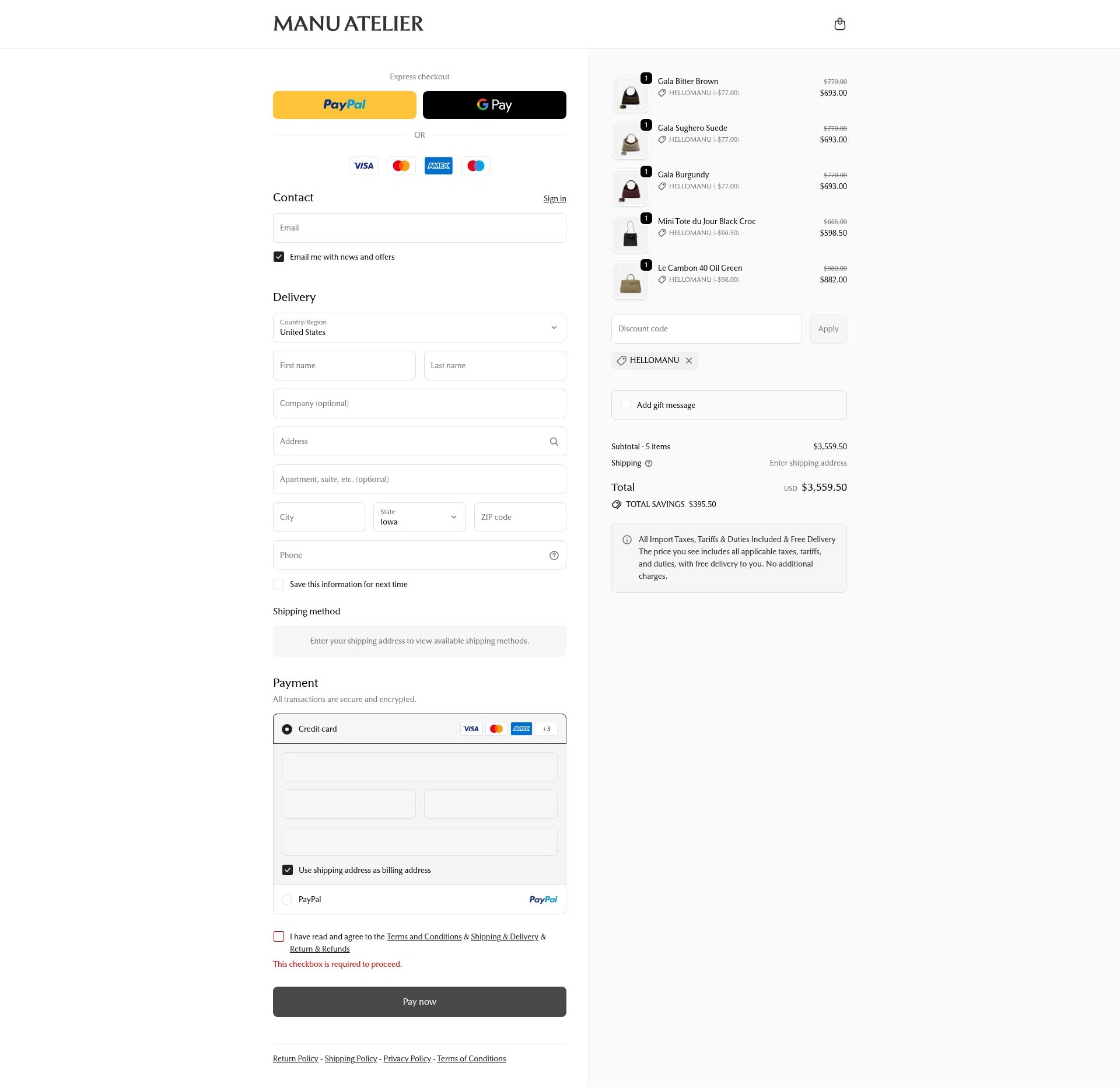 Manu Atelier checkout page showing Manu Atelier promo code box | Screenshot taken by SimplyCodes community member on Nov 18, 2025
