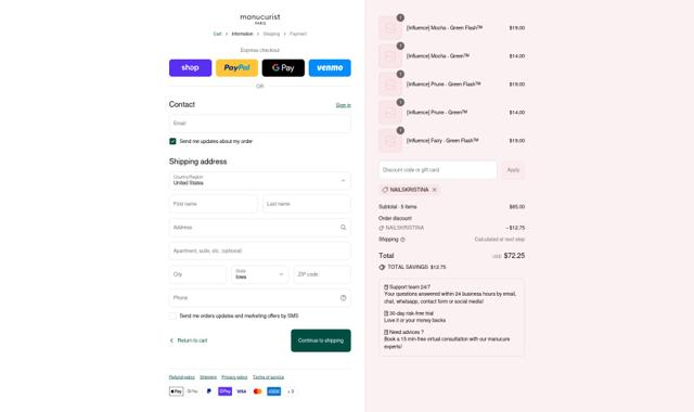 Manucurist checkout page showing Manucurist discount code box | Screenshot taken by SimplyCodes community member on Sep 15, 2025