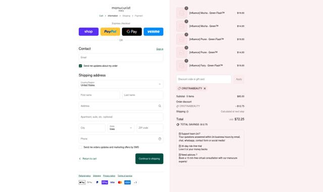 Manucurist checkout page showing Manucurist discount code box | Screenshot taken by SimplyCodes community member on Sep 15, 2025