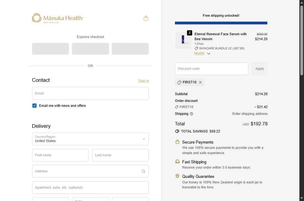 Manuka Health US checkout page showing Manuka Health US promo code box | Screenshot taken by SimplyCodes community member on Dec 24, 2025
