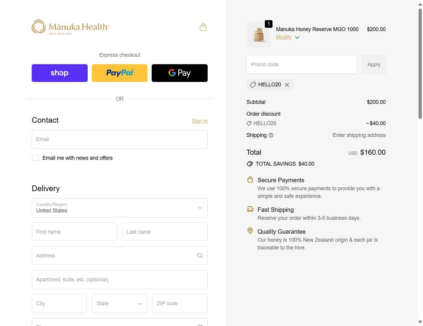 Manuka Health US checkout page showing Manuka Health US promo code box | Screenshot taken by SimplyCodes community member on Sep 27, 2025