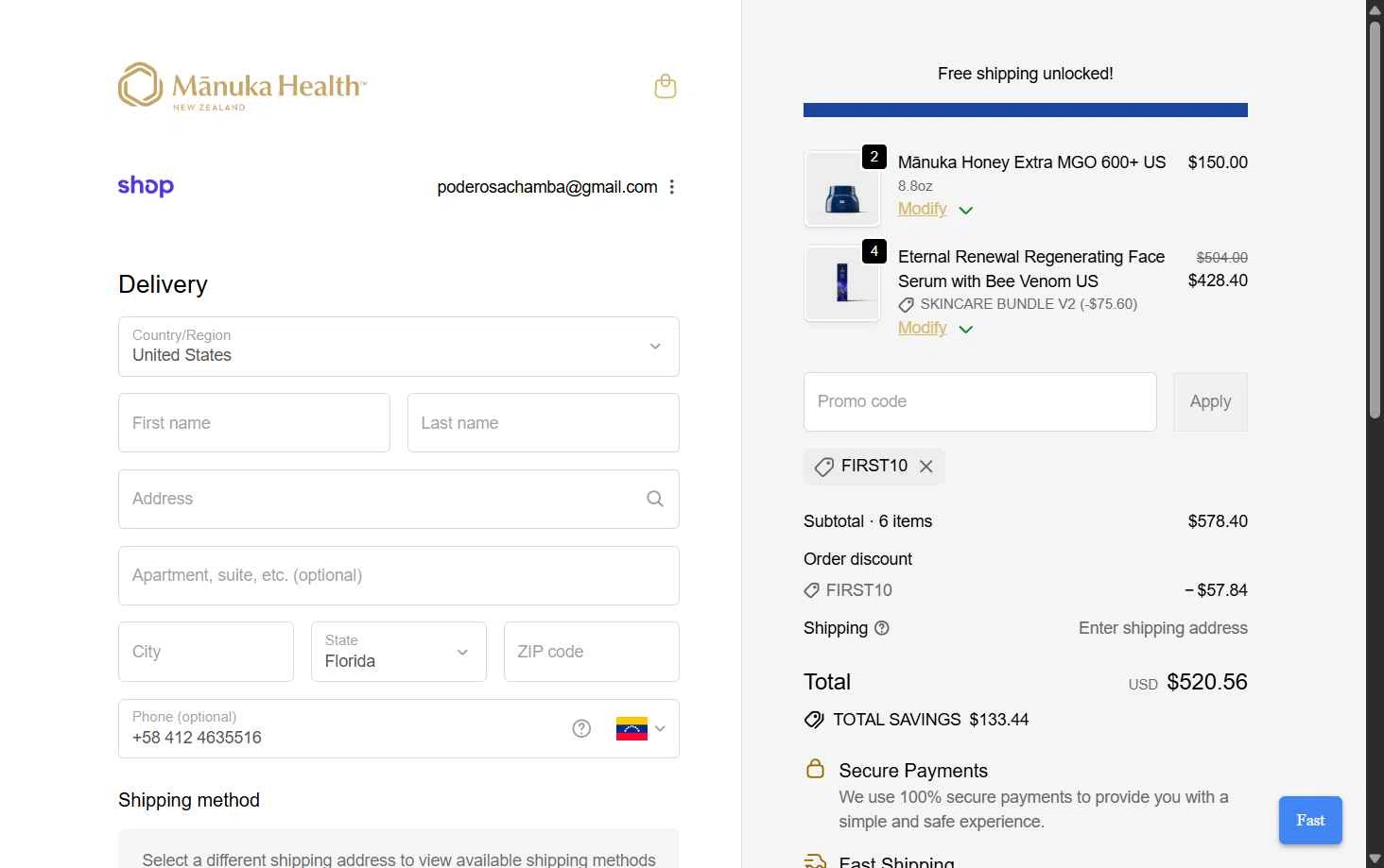 Manuka Health US checkout page showing Manuka Health US promo code box | Screenshot taken by SimplyCodes community member on Sep 27, 2025