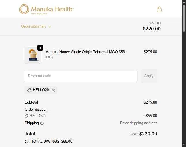Manuka Health US checkout page showing Manuka Health US promo code box | Screenshot taken by SimplyCodes community member on Dec 28, 2025