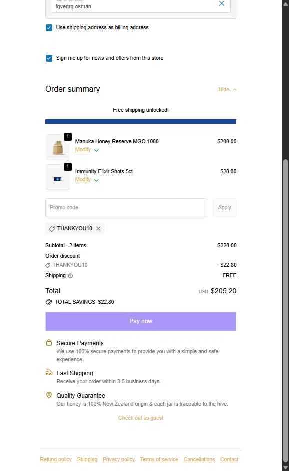 Manuka Health US checkout page showing Manuka Health US promo code box | Screenshot taken by SimplyCodes community member on Oct 15, 2025