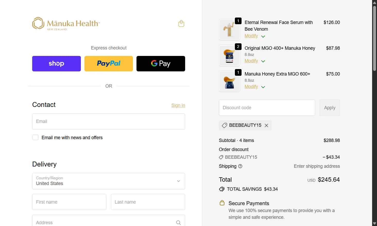 Manuka Health US checkout page showing Manuka Health US promo code box | Screenshot taken by SimplyCodes community member on Jan 7, 2026