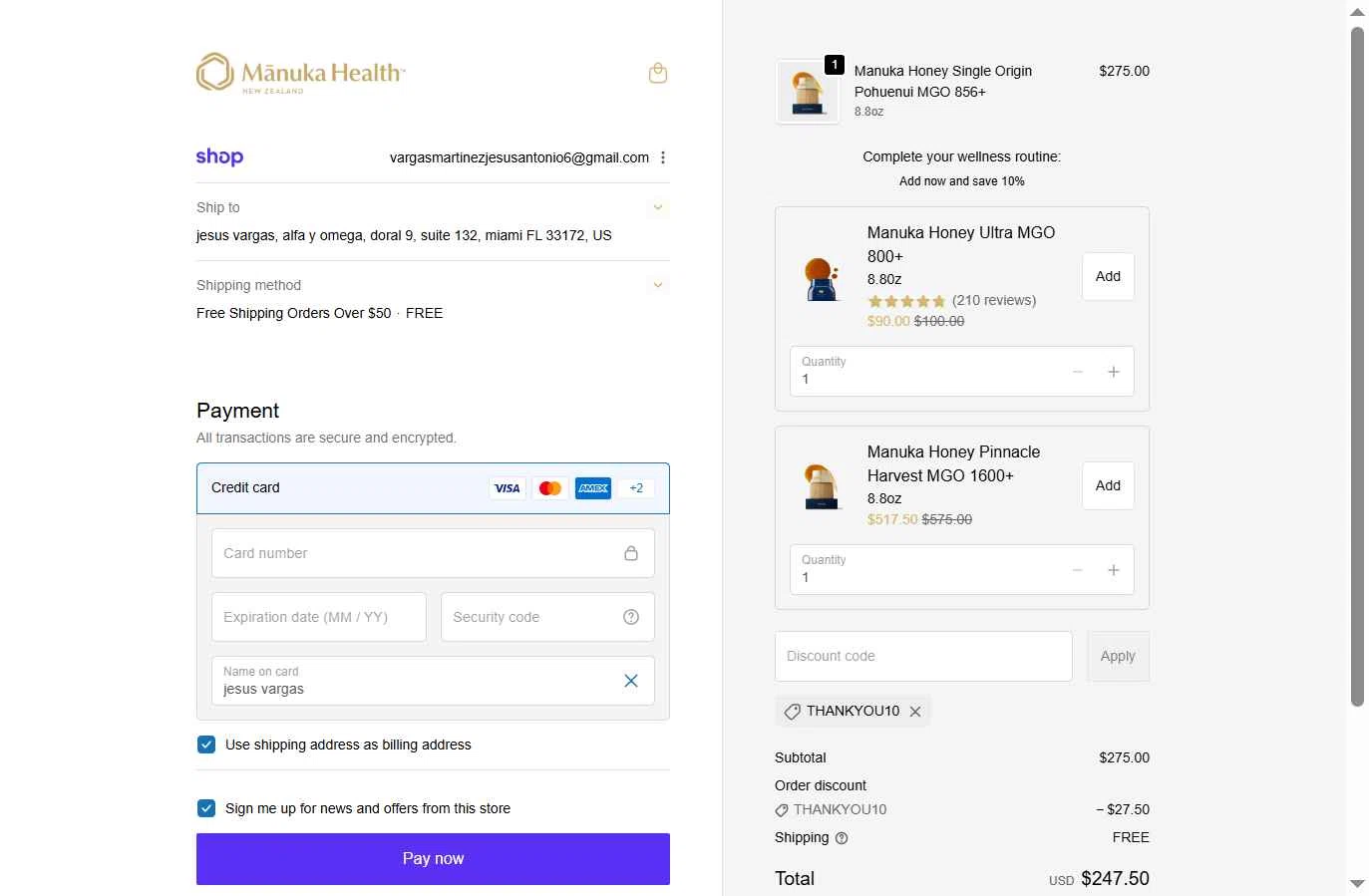 Manuka Health US checkout page showing Manuka Health US promo code box | Screenshot taken by SimplyCodes community member on Jan 10, 2026