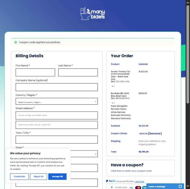 Many Bidets checkout page showing Many Bidets coupon code box | Screenshot taken by SimplyCodes community member on May 22, 2025