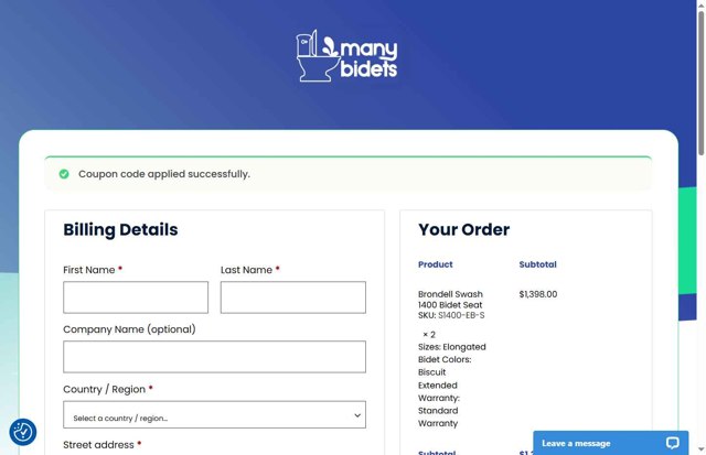Many Bidets checkout page showing Many Bidets coupon code box | Screenshot taken by SimplyCodes community member on May 22, 2025