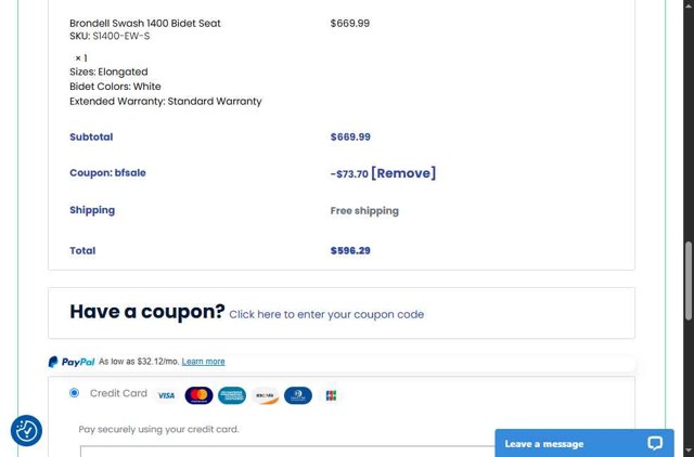 Many Bidets checkout page showing Many Bidets coupon code box | Screenshot taken by SimplyCodes community member on May 22, 2025