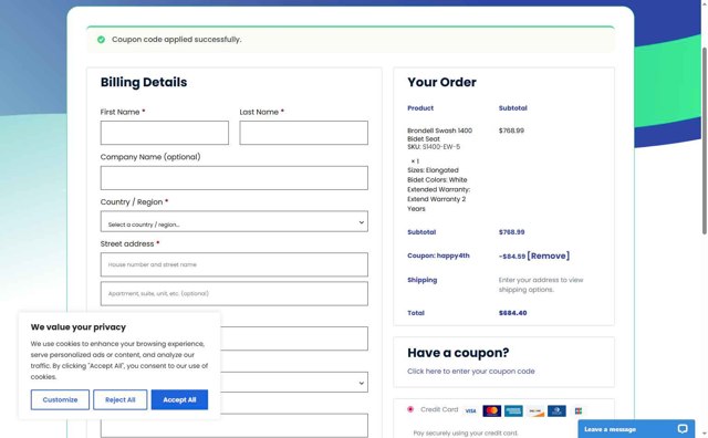Many Bidets checkout page showing Many Bidets coupon code box | Screenshot taken by SimplyCodes community member on Aug 13, 2025