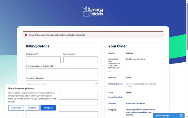Many Bidets checkout page showing Many Bidets coupon code box | Screenshot taken by SimplyCodes community member on May 22, 2025