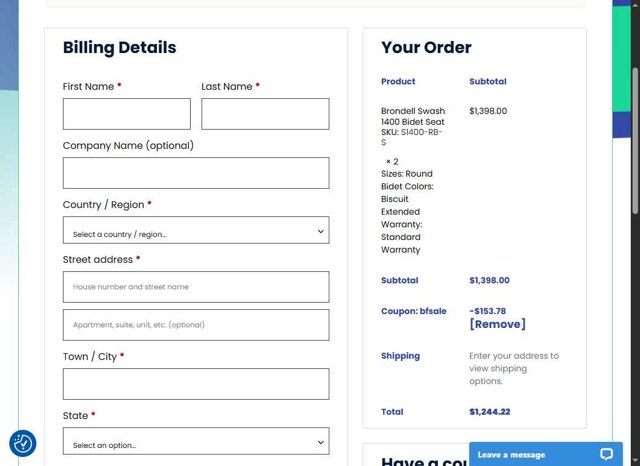 Many Bidets checkout page showing Many Bidets coupon code box | Screenshot taken by SimplyCodes community member on May 22, 2025