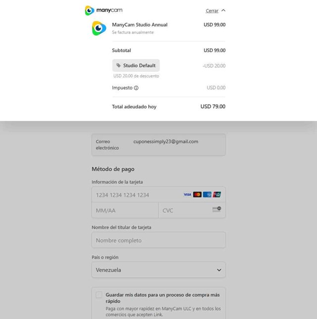 ManyCam checkout page showing ManyCam promo code box | Screenshot taken by SimplyCodes community member on Jul 8, 2025