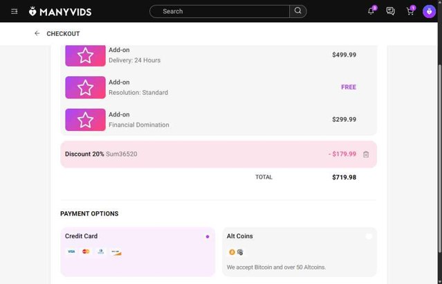Manyvids checkout page showing Manyvids promo code box | Screenshot taken by SimplyCodes community member on Aug 15, 2025