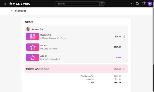 Manyvids checkout page showing Manyvids promo code box | Screenshot taken by SimplyCodes community member on Aug 12, 2025