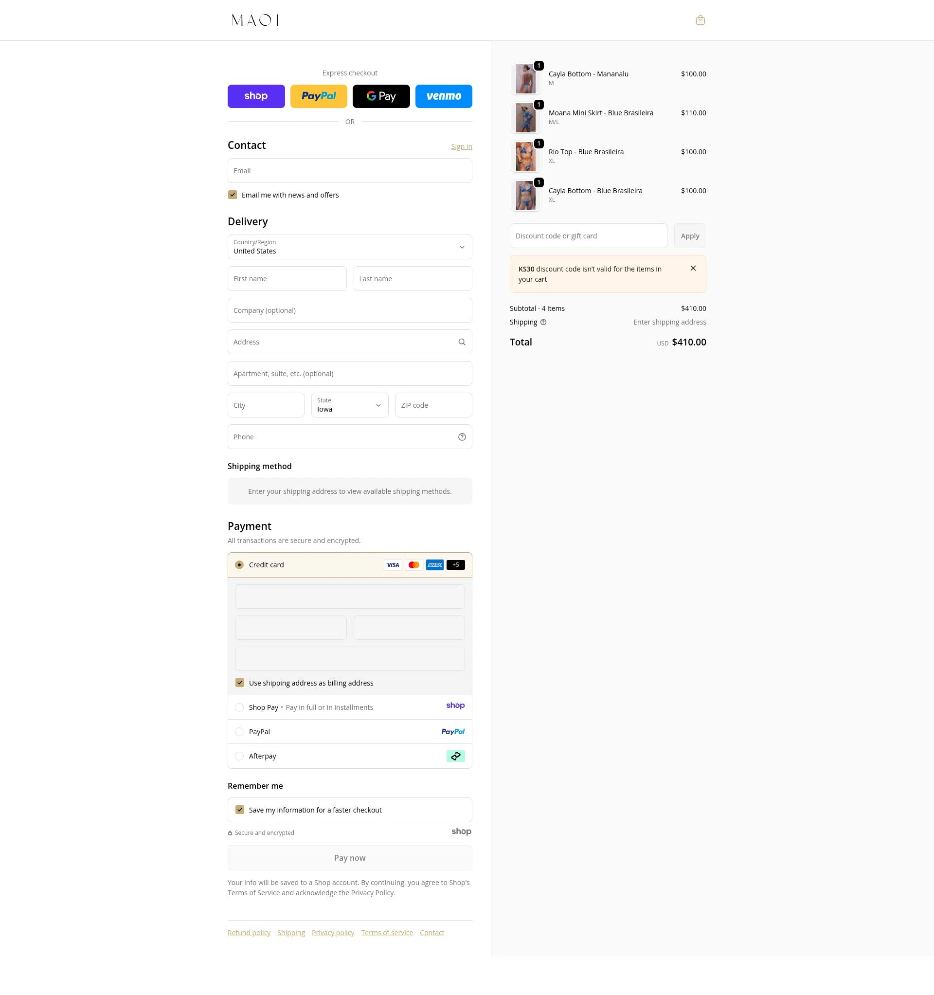 MAOI Swim checkout page showing MAOI Swim promo code box | Screenshot taken by SimplyCodes community member on Jan 3, 2026