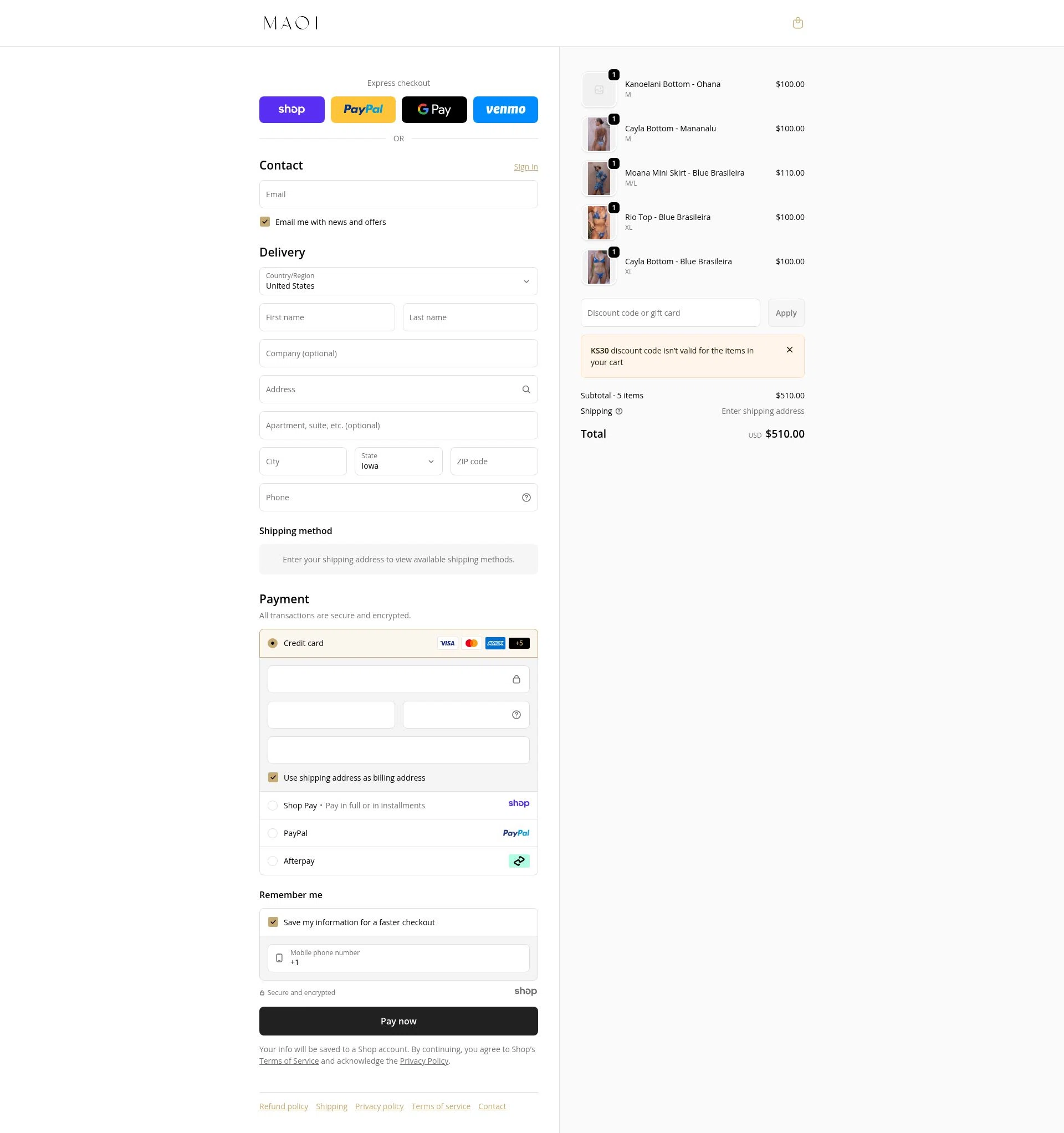 MAOI Swim checkout page showing MAOI Swim promo code box | Screenshot taken by SimplyCodes community member on Dec 29, 2025