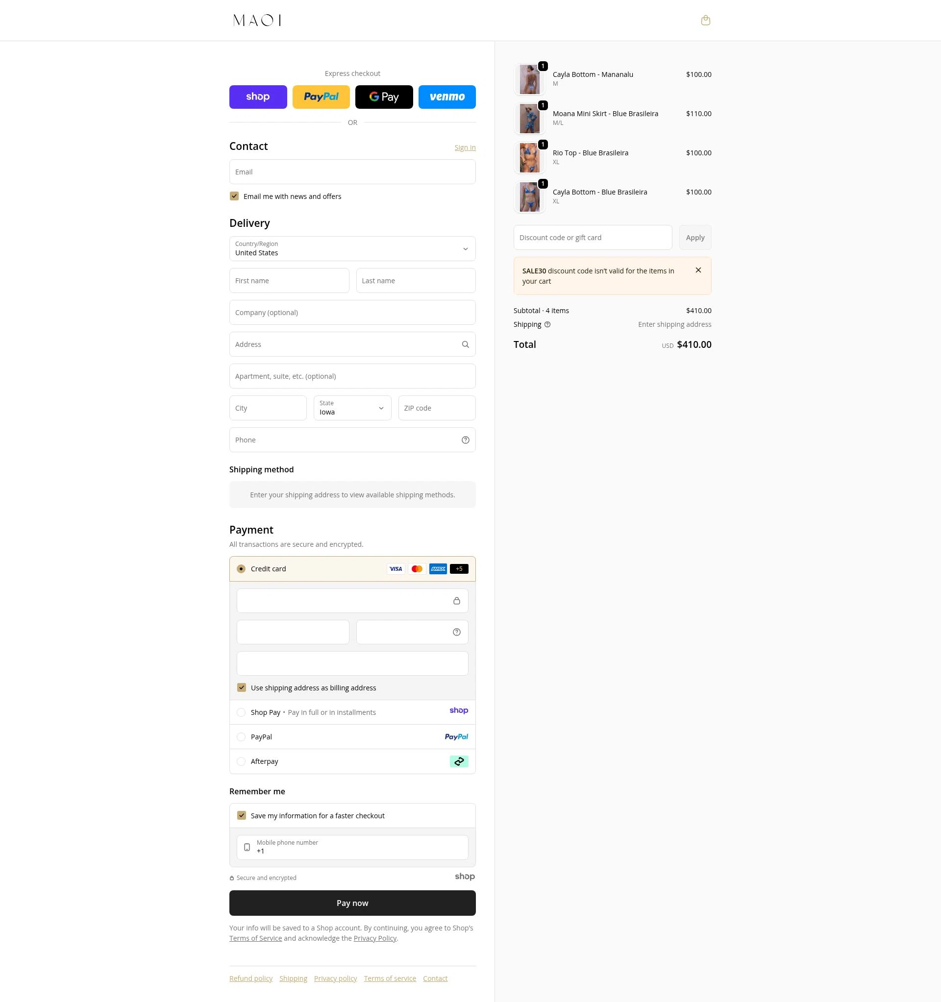 MAOI Swim checkout page showing MAOI Swim promo code box | Screenshot taken by SimplyCodes community member on Jan 3, 2026