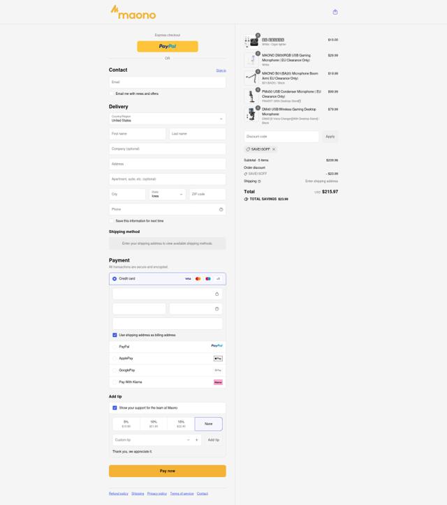 Maono checkout page showing Maono discount code box | Screenshot taken by SimplyCodes community member on Sep 9, 2025
