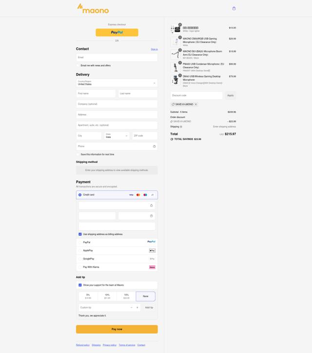 Maono checkout page showing Maono discount code box | Screenshot taken by SimplyCodes community member on Sep 9, 2025