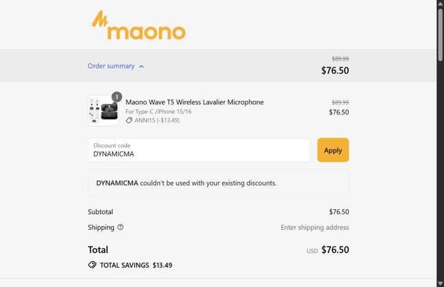 Maono checkout page showing Maono discount code box | Screenshot taken by SimplyCodes community member on Sep 11, 2025