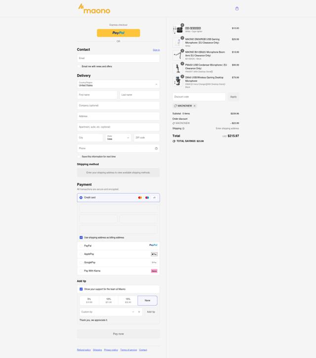 Maono checkout page showing Maono discount code box | Screenshot taken by SimplyCodes community member on Sep 9, 2025