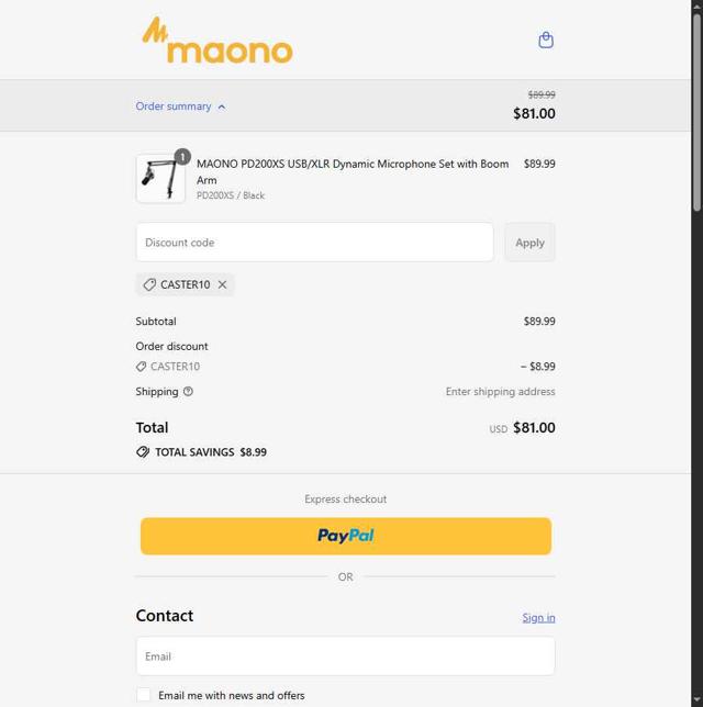 Maono checkout page showing Maono discount code box | Screenshot taken by SimplyCodes community member on Sep 9, 2025