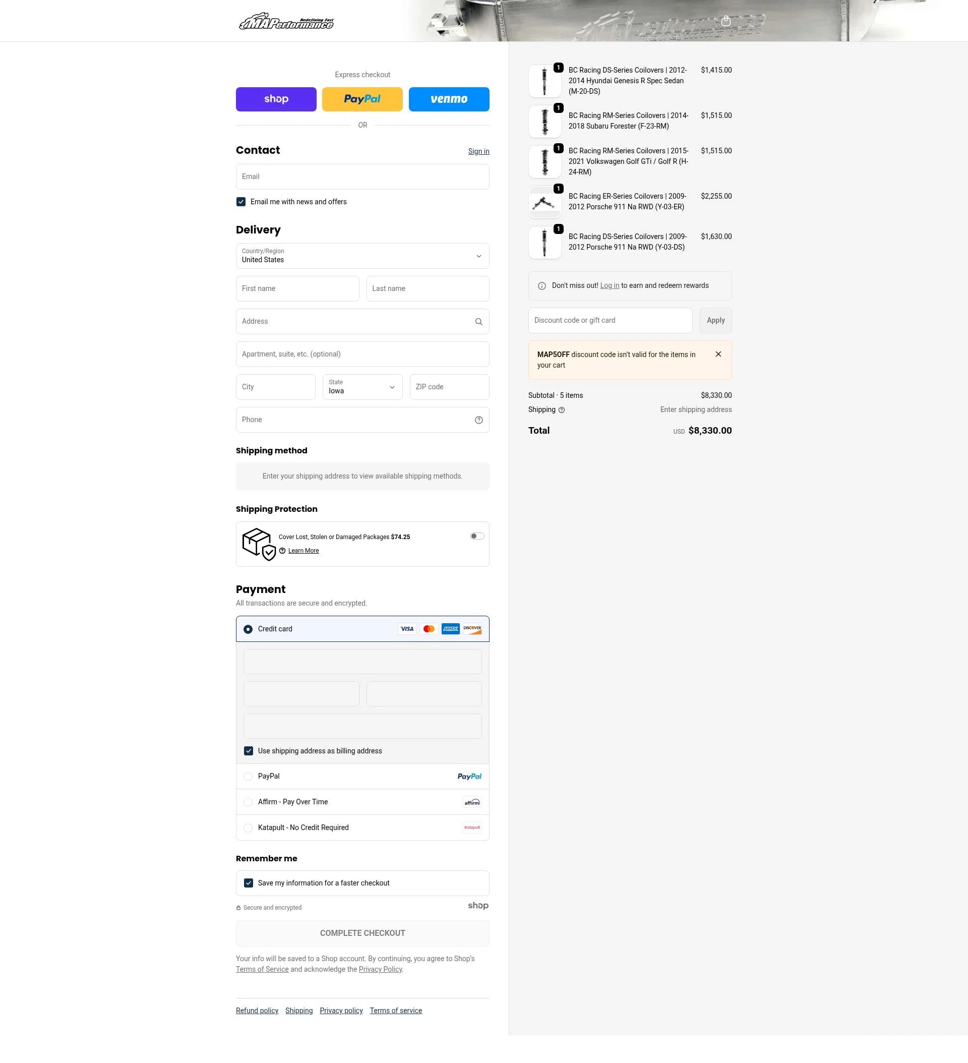 MAPerformance checkout page showing MAPerformance discount code box | Screenshot taken by SimplyCodes community member on Jan 18, 2026