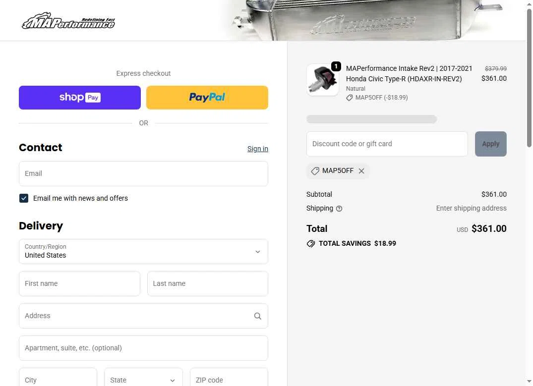 MAPerformance checkout page showing MAPerformance discount code box | Screenshot taken by SimplyCodes community member on Jan 12, 2026