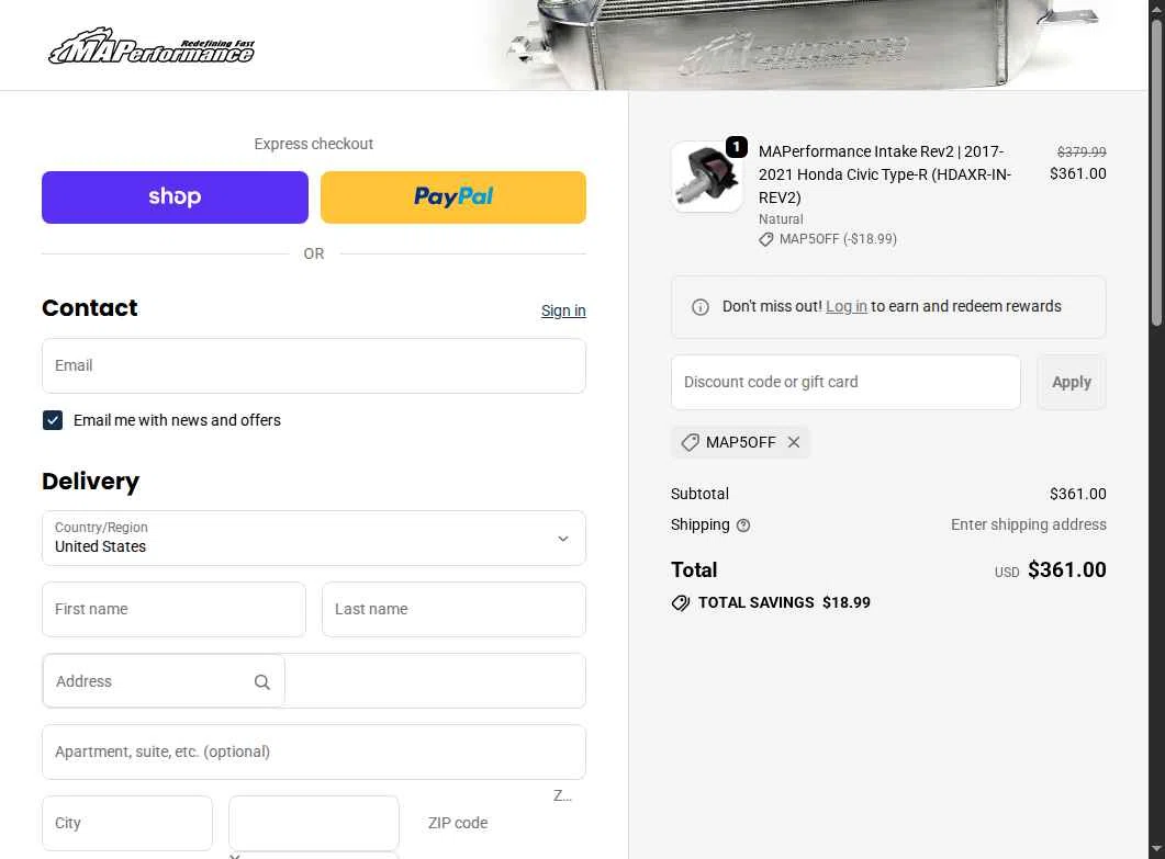 MAPerformance checkout page showing MAPerformance discount code box | Screenshot taken by SimplyCodes community member on Feb 9, 2026
