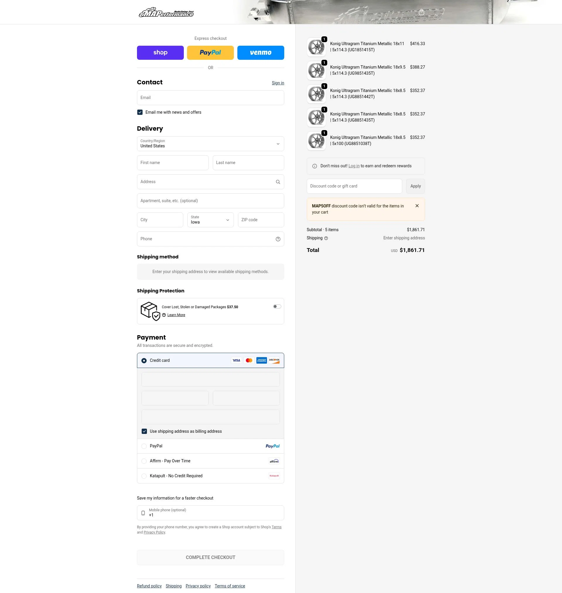 MAPerformance checkout page showing MAPerformance discount code box | Screenshot taken by SimplyCodes community member on Feb 5, 2026