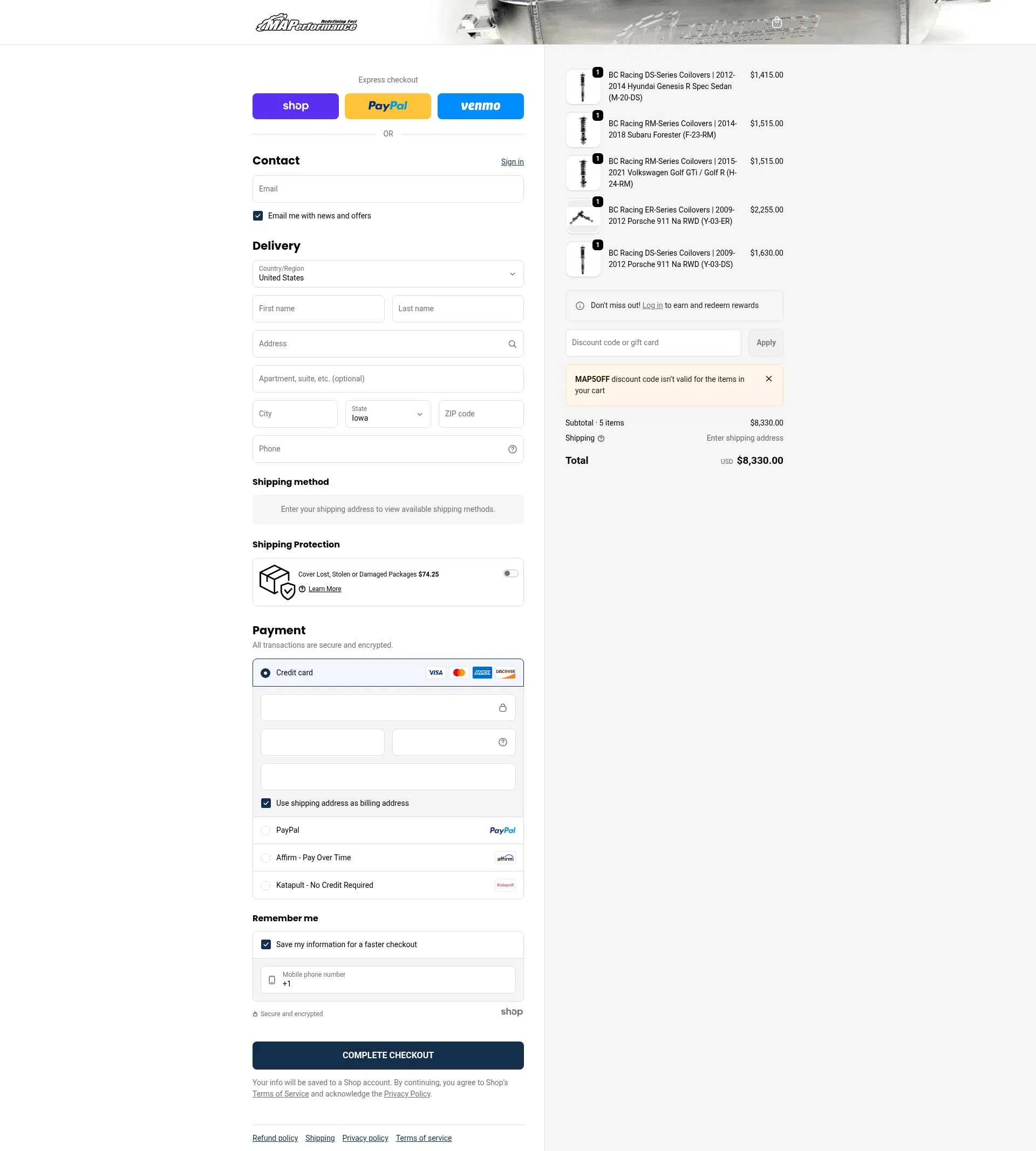 MAPerformance checkout page showing MAPerformance discount code box | Screenshot taken by SimplyCodes community member on Jan 23, 2026