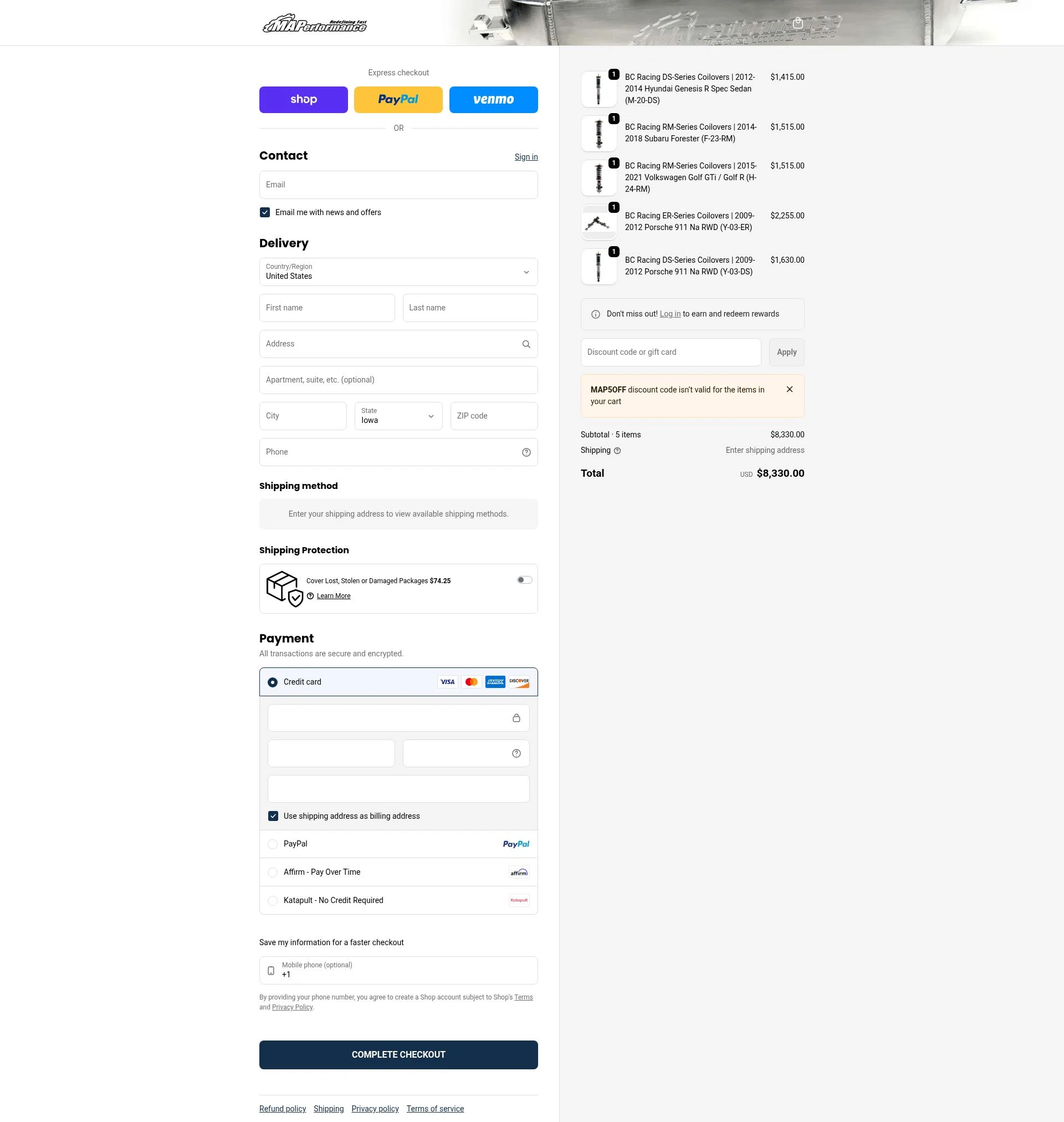 MAPerformance checkout page showing MAPerformance discount code box | Screenshot taken by SimplyCodes community member on Feb 1, 2026