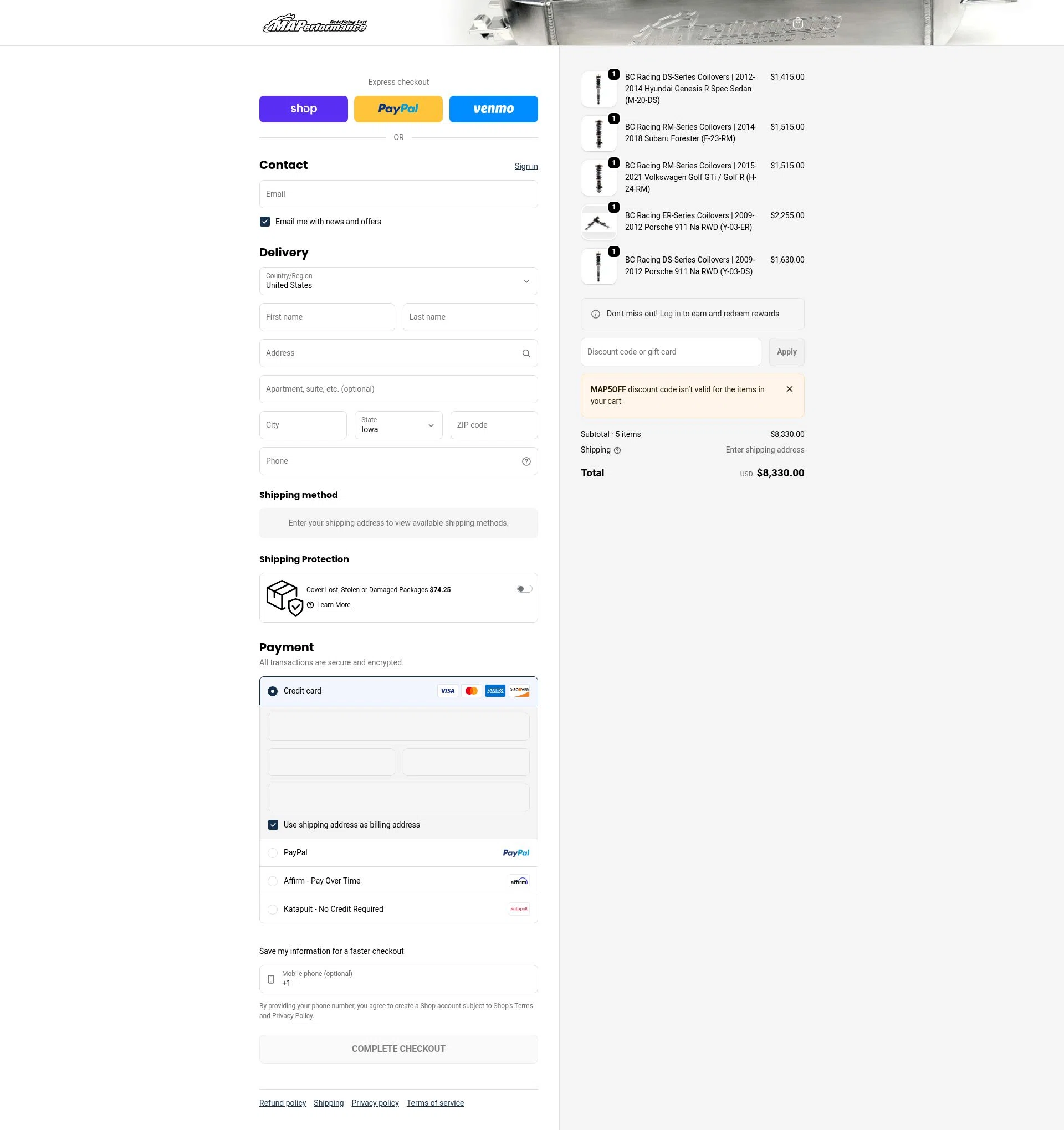 MAPerformance checkout page showing MAPerformance discount code box | Screenshot taken by SimplyCodes community member on Jan 8, 2026