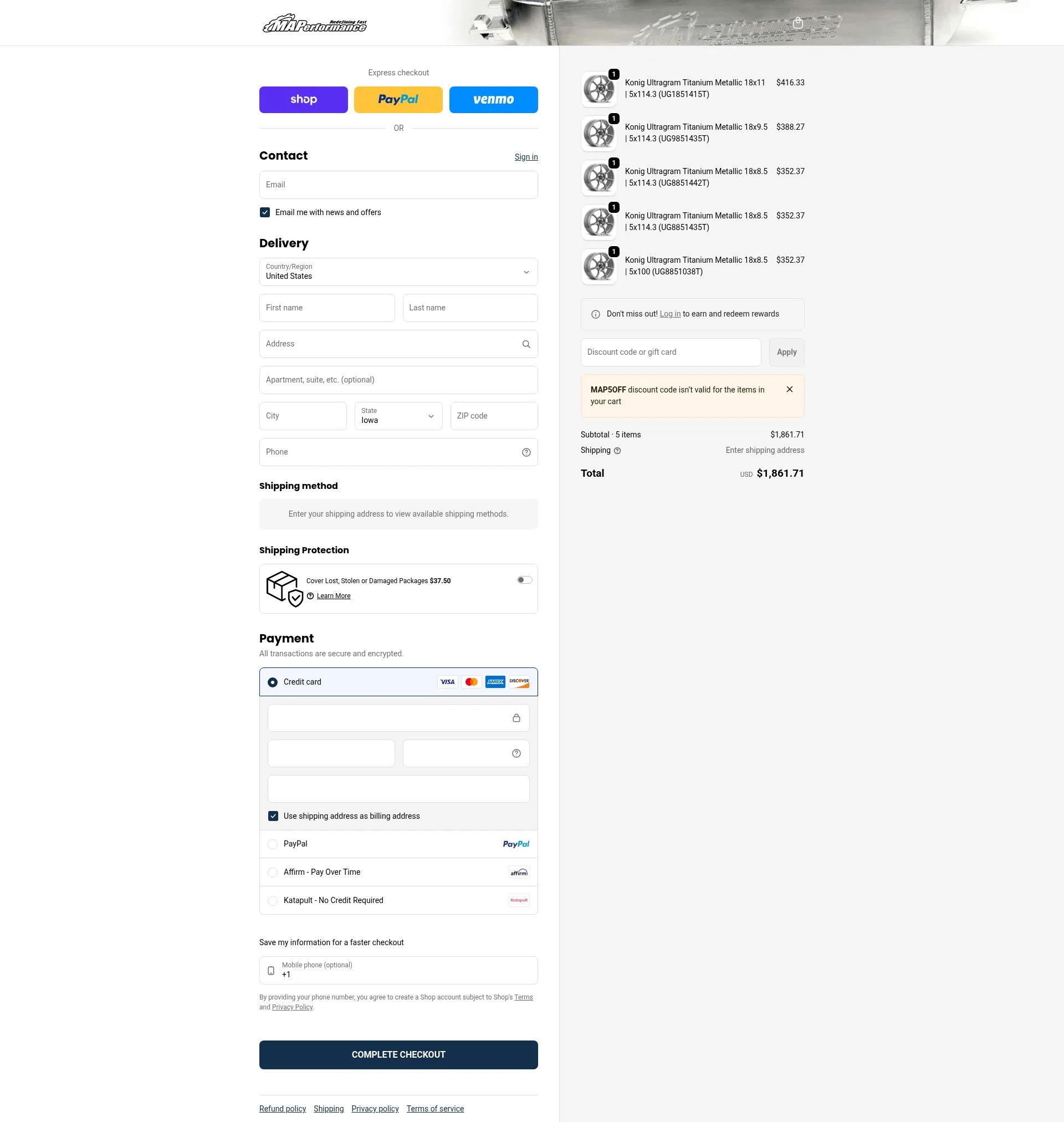 MAPerformance checkout page showing MAPerformance discount code box | Screenshot taken by SimplyCodes community member on Feb 9, 2026