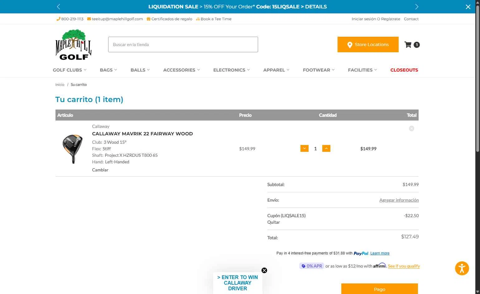 Maple Hill Golf checkout page showing Maple Hill Golf coupon code box | Screenshot taken by SimplyCodes community member on Jan 6, 2026