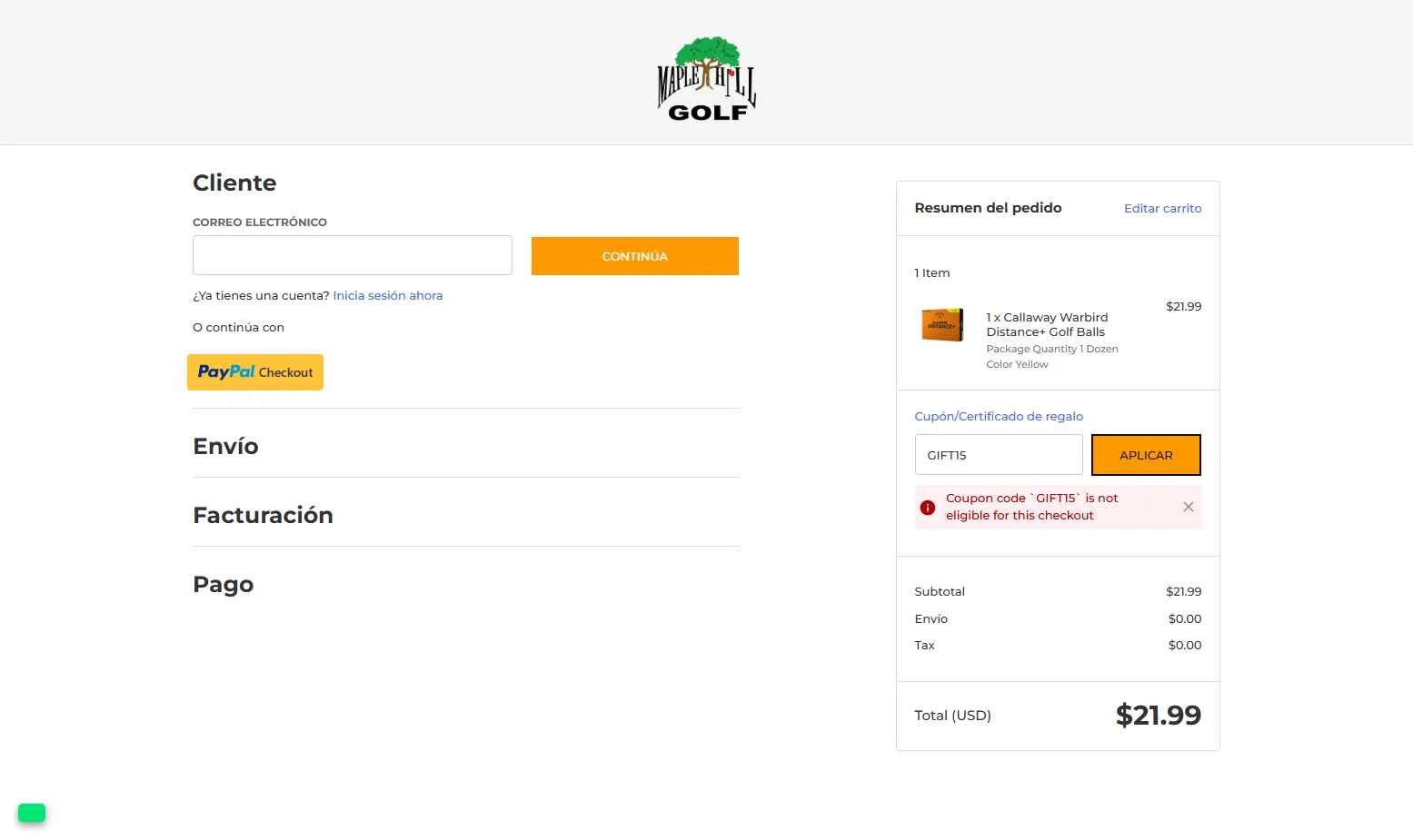 Maple Hill Golf checkout page showing Maple Hill Golf coupon code box | Screenshot taken by SimplyCodes community member on Jan 8, 2026
