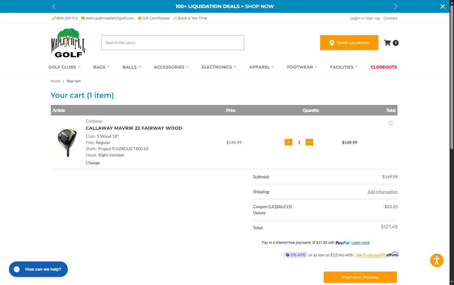 Maple Hill Golf checkout page showing Maple Hill Golf coupon code box | Screenshot taken by SimplyCodes community member on Jan 9, 2026