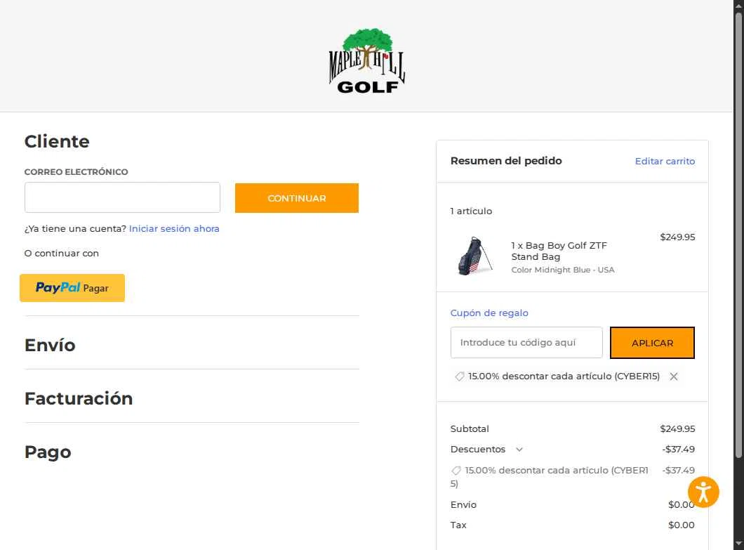 Maple Hill Golf checkout page showing Maple Hill Golf coupon code box | Screenshot taken by SimplyCodes community member on Jan 3, 2026