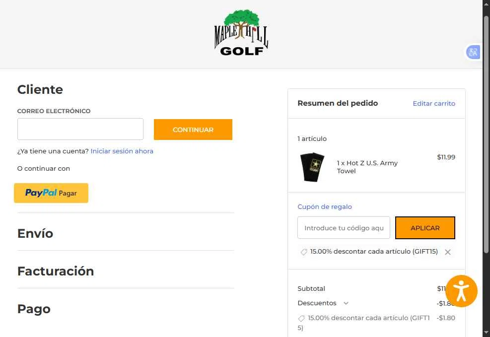 Maple Hill Golf checkout page showing Maple Hill Golf coupon code box | Screenshot taken by SimplyCodes community member on Jan 2, 2026