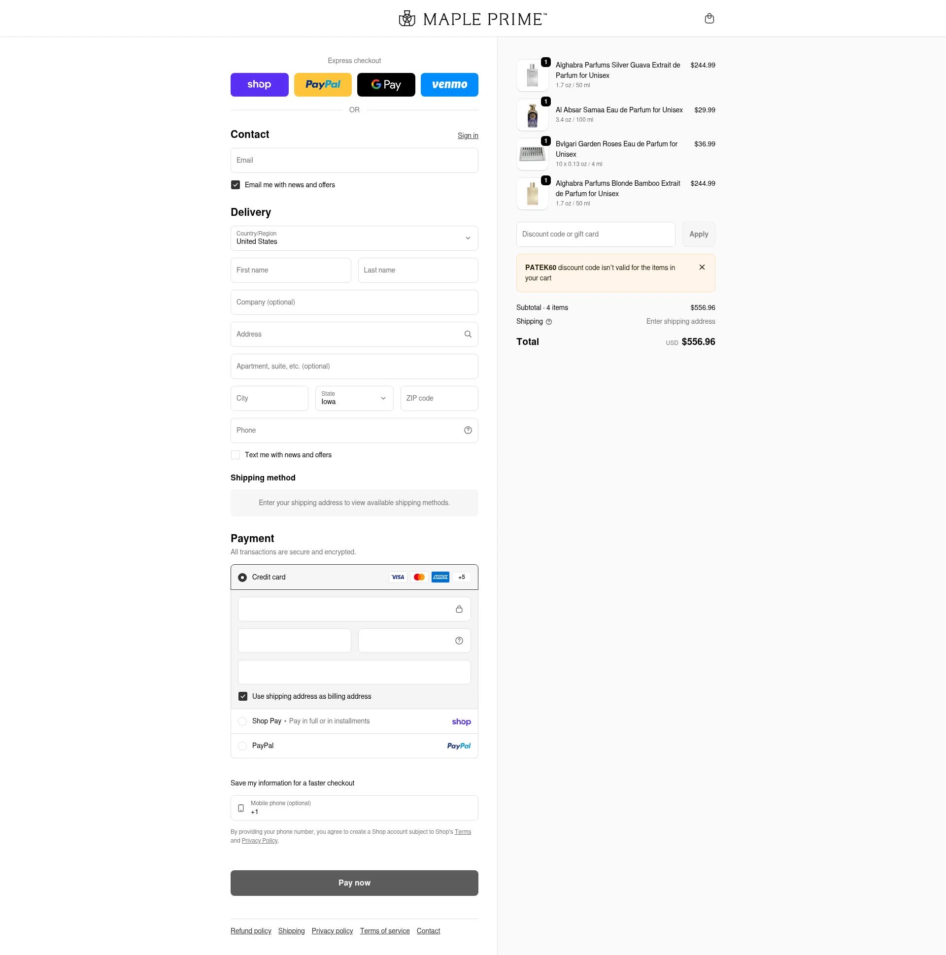 Maple Prime checkout page showing Maple Prime discount code box | Screenshot taken by SimplyCodes community member on Feb 13, 2026