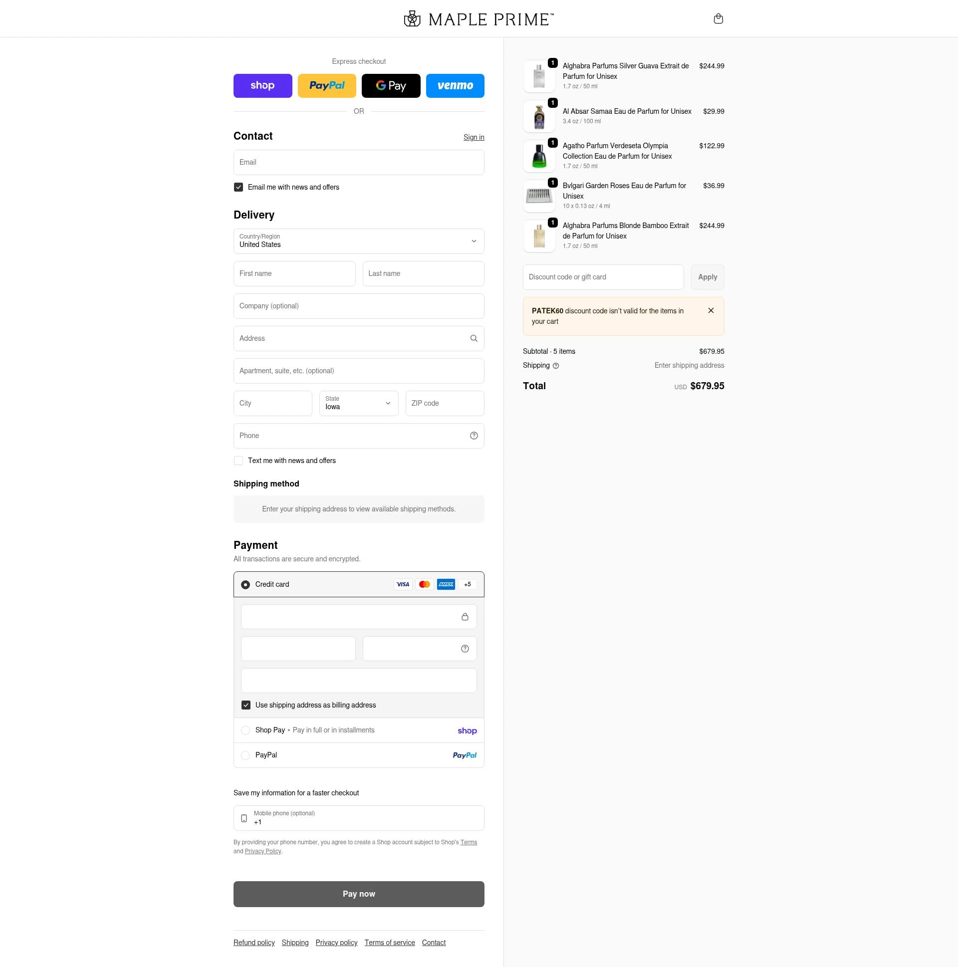 Maple Prime checkout page showing Maple Prime discount code box | Screenshot taken by SimplyCodes community member on Feb 7, 2026
