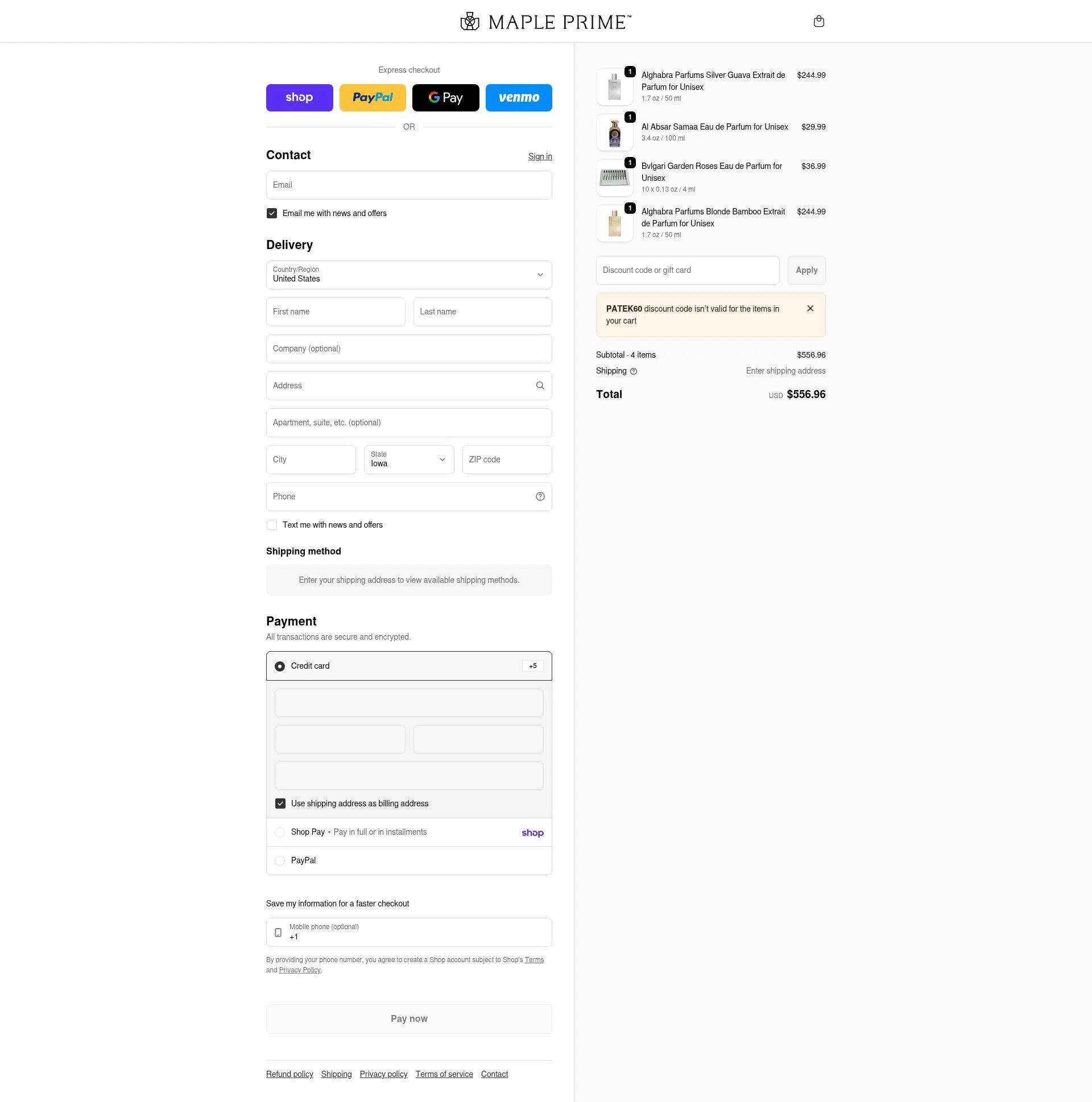 Maple Prime checkout page showing Maple Prime discount code box | Screenshot taken by SimplyCodes community member on Feb 17, 2026